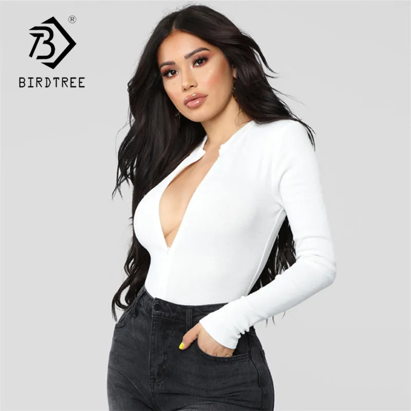 Spring 2020 Black White Bodysuit Women Zipper Long Sleeve Jumpsuit One Piece Open Crotch Slim Fit ropa mujer D01715Y | Женская одежда