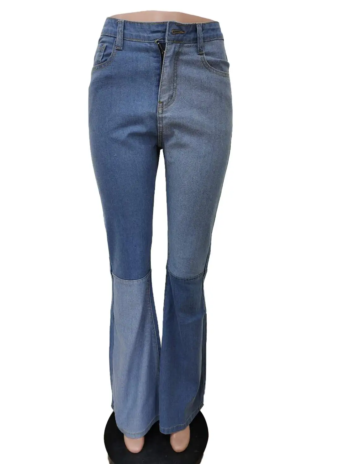 

Hot Selling Women Causal Jeans Double Color Patchwork Button Fly Floor Length Bell Bottom Pants Autumn Wear With Real Pictures