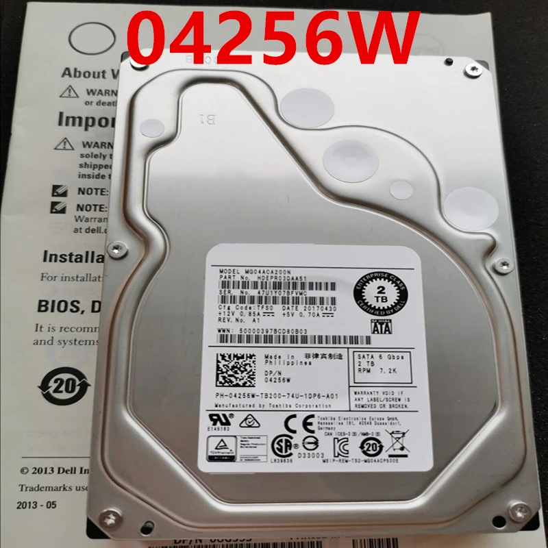 

95% Новый оригинальный HDD для Dell 2 ТБ 3,5 "SATA 64 Мб 7200 об/мин для внутреннего жесткого диска для класса Enterprise HDD для 04256 Вт 4256 Вт MG04ACA200N