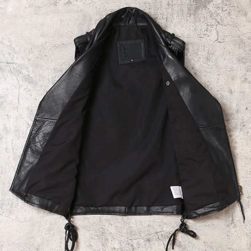 

2021 Black Motorcycle Style Genuine Leather Vest Men Plus Size 3XL Real Natural Cowhide Summer Slim Fit Short Biker Coat