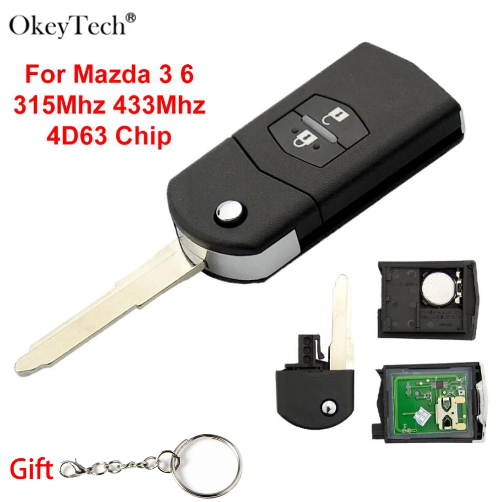 

Okeytech 315Mhz/433MHz Flip Folding Remote Control Key Fob for Mazda 3 6 M3 M6 Smart Key With 4D63 Chip Uncut Blade 2 Buttons