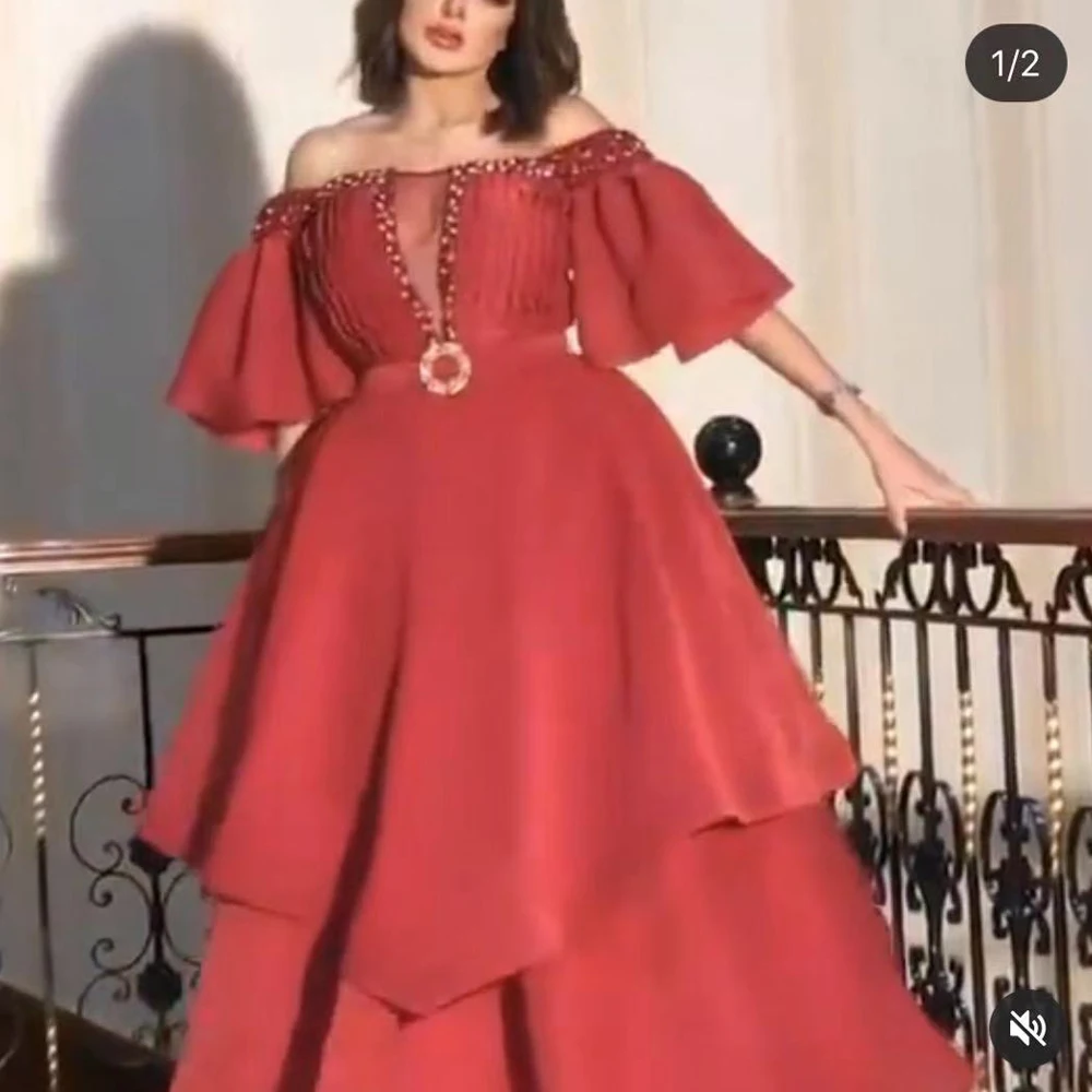 red prom dresses 2020 off the shoulder short sleeve pleats tiered a line evening formal dress | Свадьбы и торжества