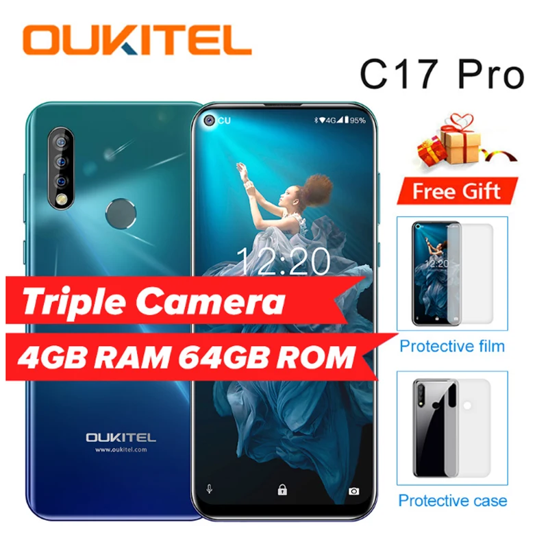 Мобильный телефон OUKITEL C17 Pro 6,3" 19:9 Android 9,0, Восьмиядерный процессор MT6763, 4 Гб ОЗУ, 64 Гб ПЗУ, отпечаток пальца, 3900 мА/ч, тройная камера Sma