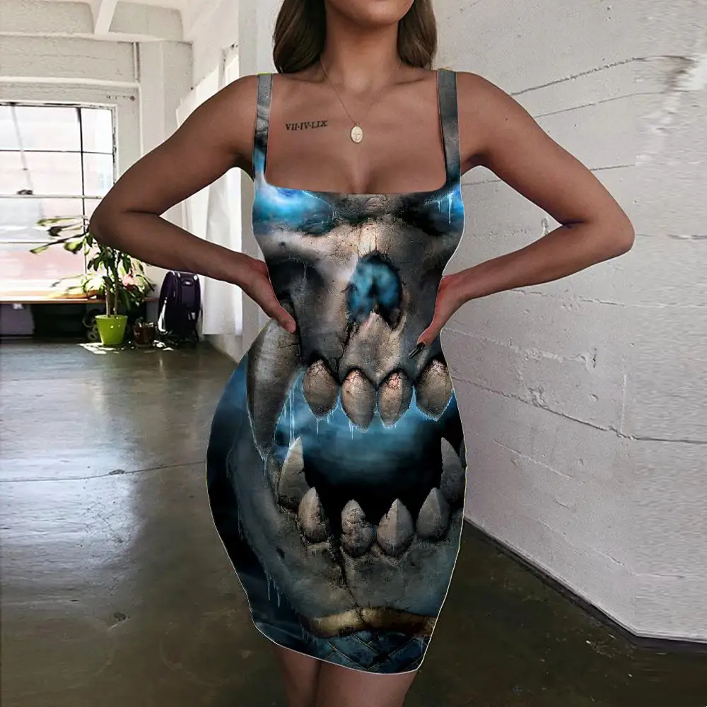 

Giyu Brand Skull Dress Women Punk Ladies Dresses Beast Sundress Blue Bodycon Dress Angle Halter Sleeveless Womens Clothing
