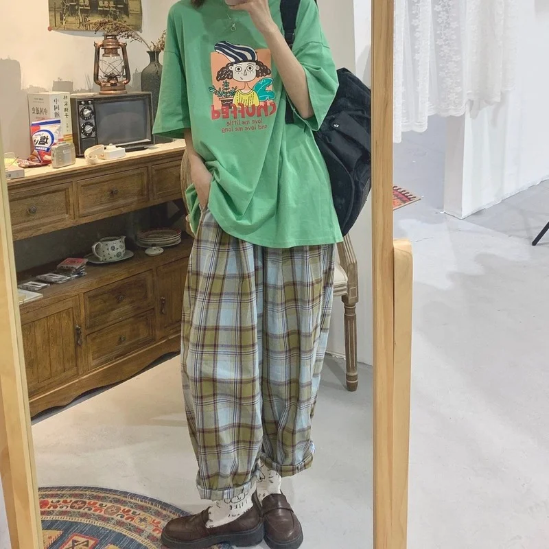 

Женские спортивные брюки Harajuku до щиколотки, Женские Мешковатые клетчатые брюки с широкими штанинами в Корейском стиле, женские модные хлоп...