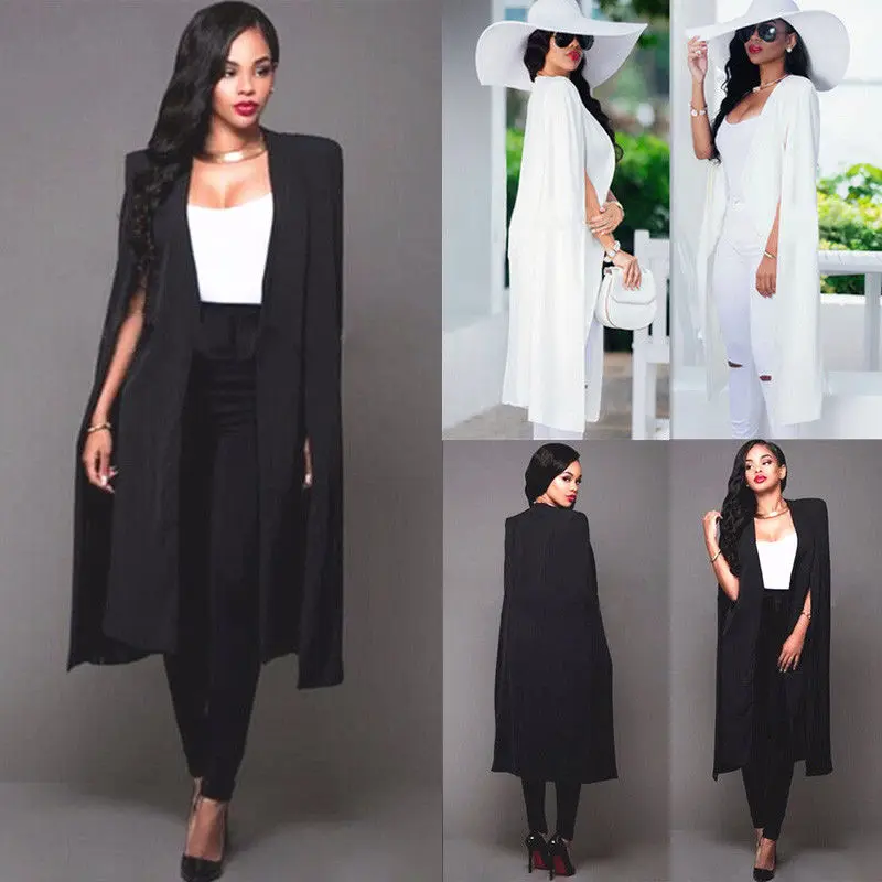 

Women Solid White OL Work Long Poncho Cape Coat Jacket Blazer Suit Shawl Plus Cloak Cardigan Outwear
