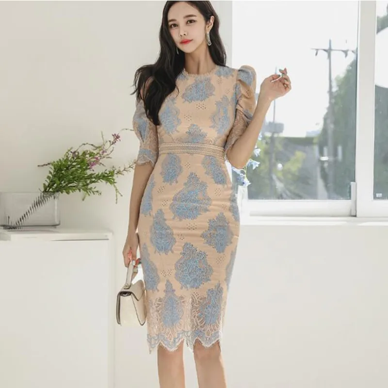 

ZAWFL Spring 2022 New Korean Elegant Office Pencil Dress Women's Sexy Hollow Out Sheath Lace Dresses Work Bodycon Vestidos