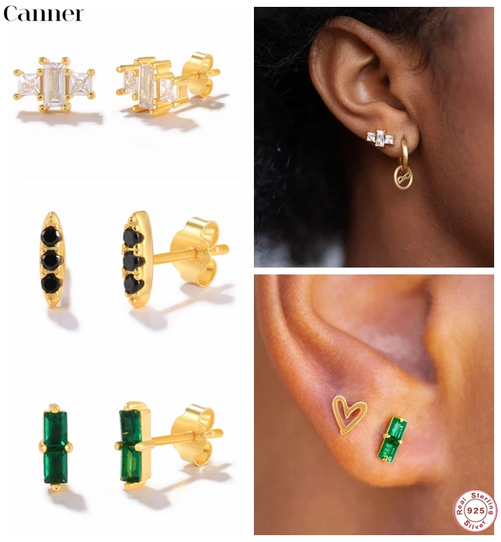

CANNER 1Pair S925 Sterling Silver Simple White Blcak Green Crystal Stud Earrings For Women Small Cute Banquet Gift Fine Jewelry