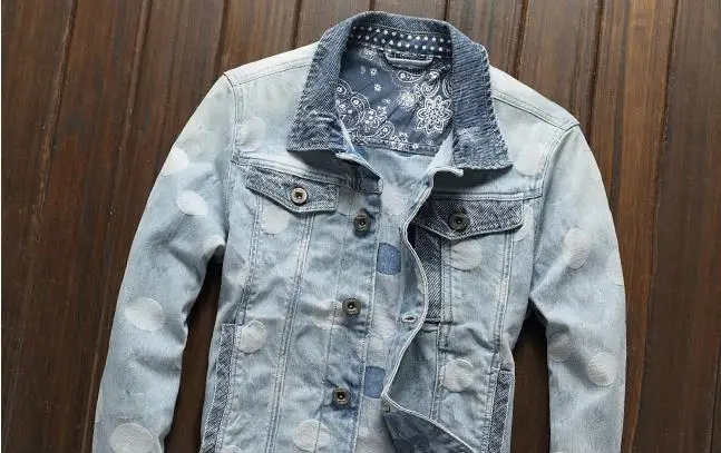 BONJEAN Mens Polka Dot Denim Jacket Mal Rock Fashion Light Blue Slim Casual Biker Jackets Coat Drop Shipping