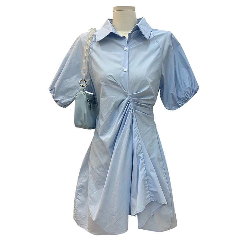 

Temperament Korean Style New Solid Color Korean Dongdaemun Women's Puff Short Sleeve Polo Collar Pleated Design Shirt Midi Dress