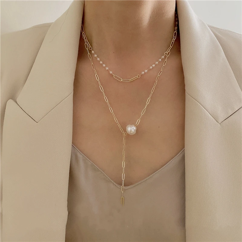 

Kpop retro Double layer Clavicle chain Natural freshwater pearl golden chain necklace for woman aesthetic jewellery friends gift