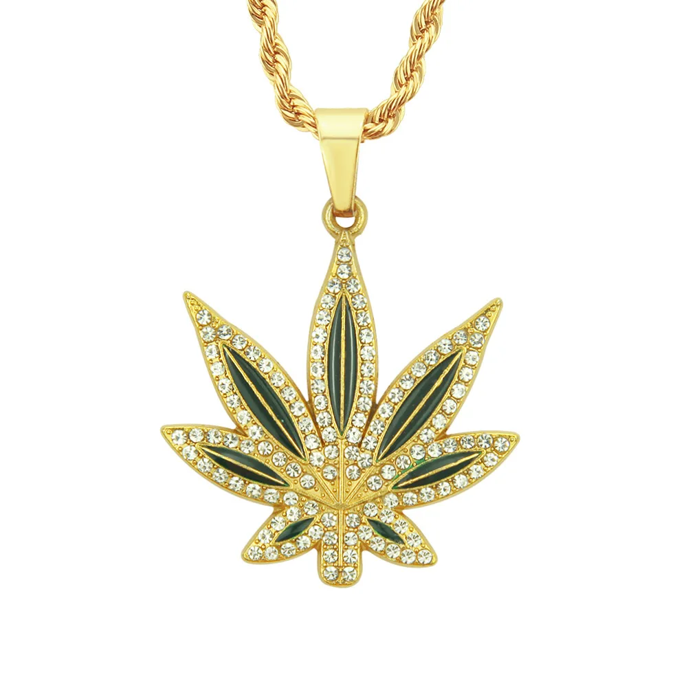 

Hip-hop Jewelry With Diamond Maple Leaf Pendant Necklace Men's European And American Accessories