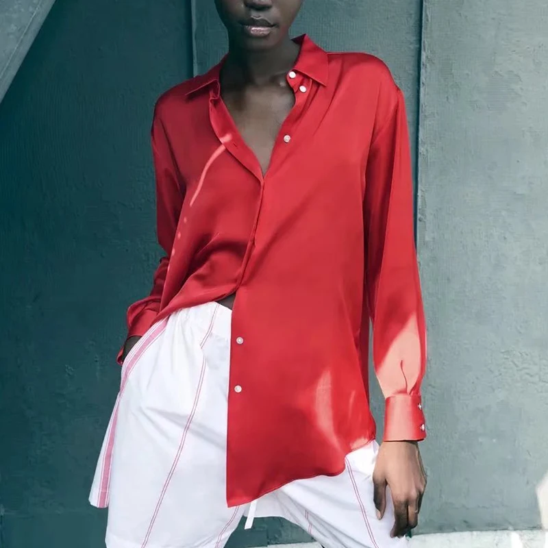 

ZA Women Solid Blouse 2021 Spring Autumn Turn Down Collar Shirt Single-Breasted Casual Long Sleeve Blouse Lady's Outfits