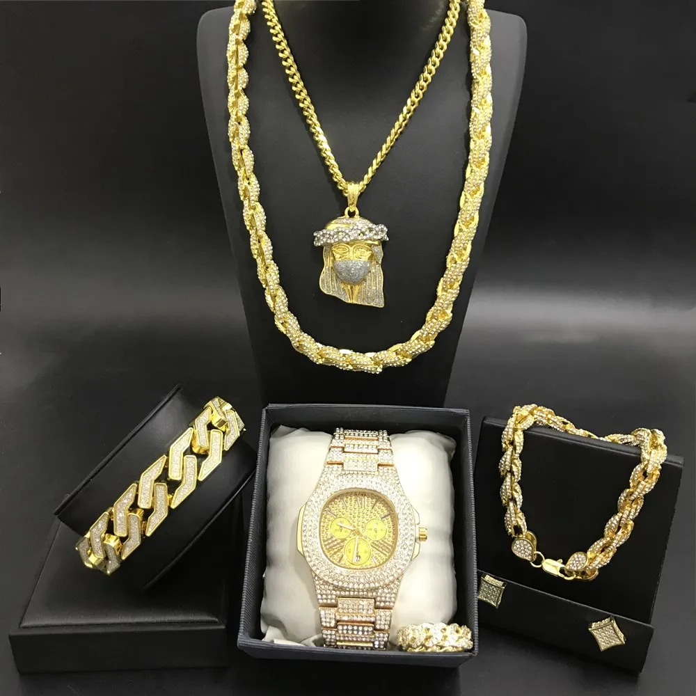 Роскошные мужские золотистые часы, ожерелье, браслет, кольцо и серьги, комплект из кубинской бижутерии со стразами для мужчин