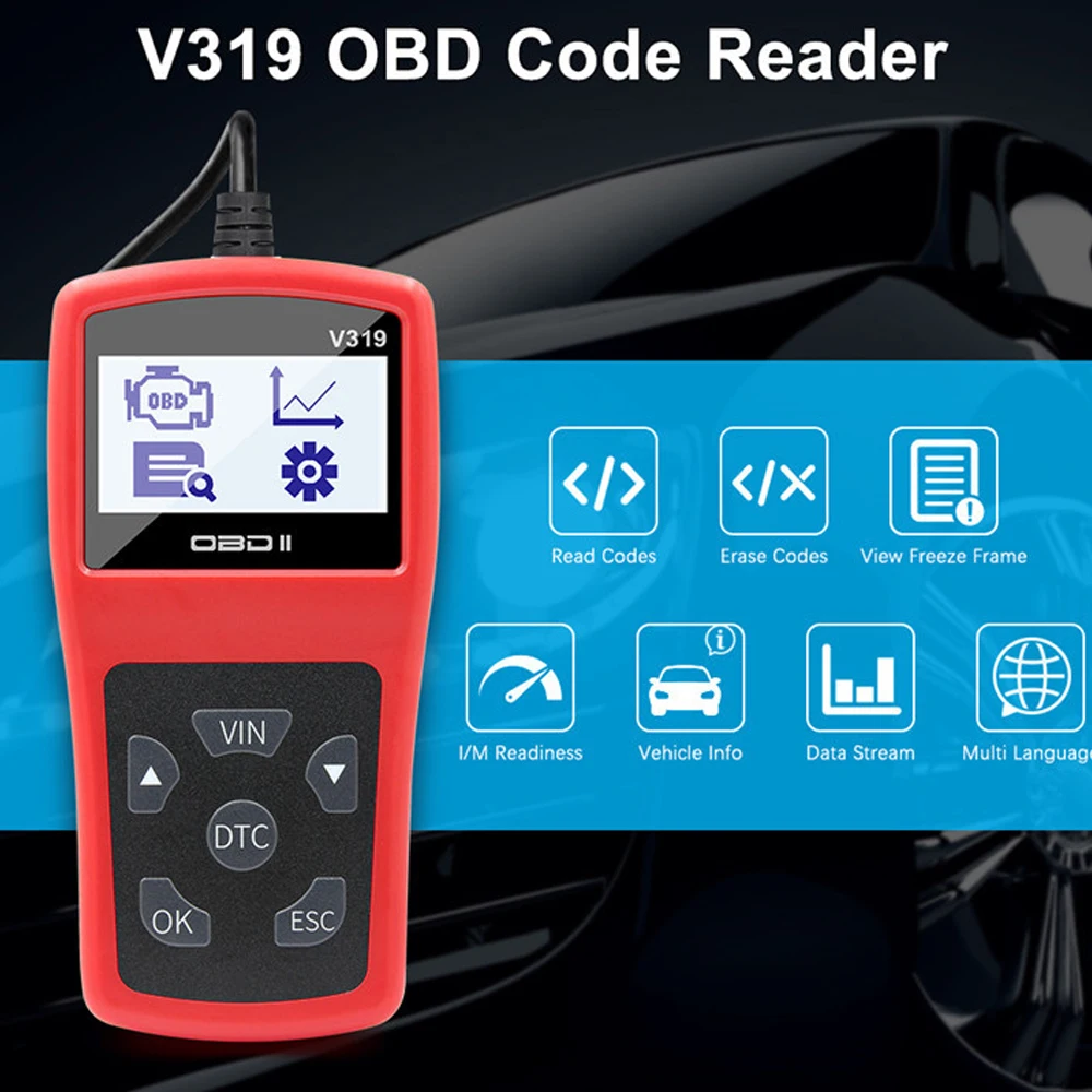 

V319 считыватель кодов, сканирующий инструмент, несколько языков OBDII EOBD, считывающий чистый сканер кодов неисправностей OBD OBD2, автомобильный д...