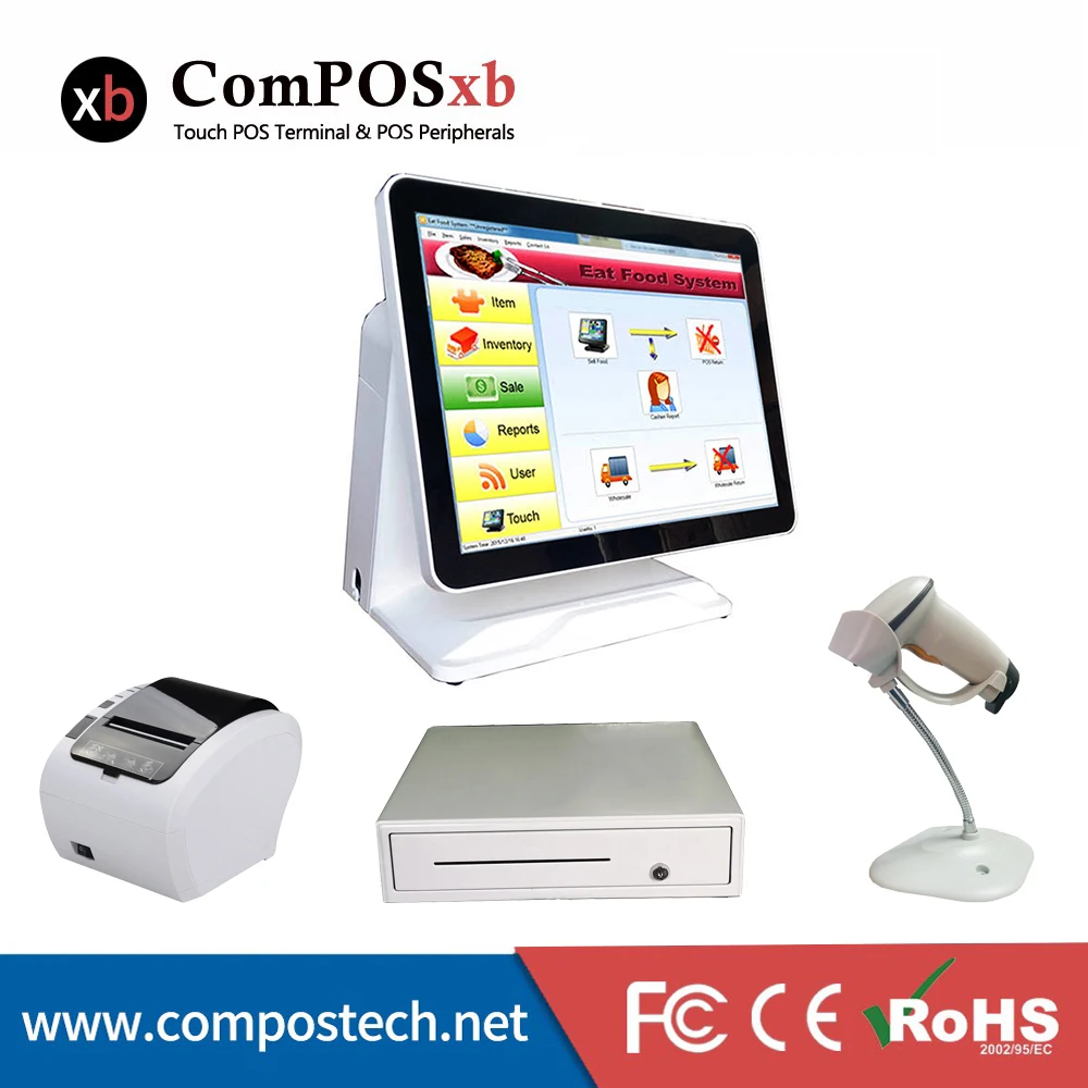 

15inch touch screen whole set pos all in one for coffee shop cash machine scanner printer pos pc