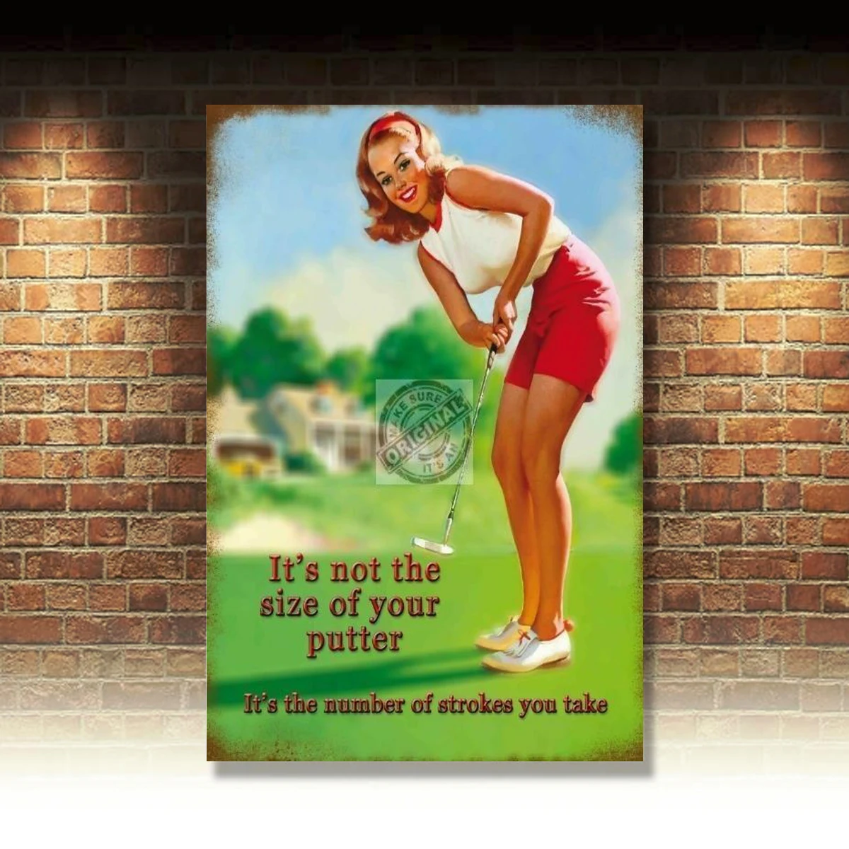 Putter Size, Funny Golf Joke Club, Vintage Pin Up Girl, Small Metal Tin Sign