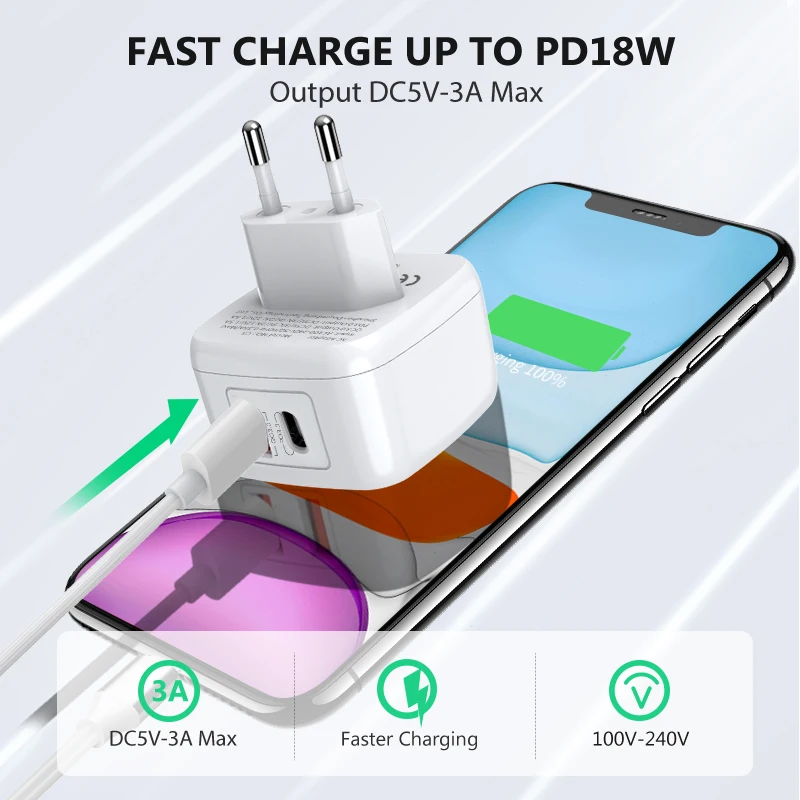 pd 18w qc3 0 eu plug dual usb charger fast charging travel wall adapter type c quick charger for iphone 12 11 x for samsung s10 free global shipping