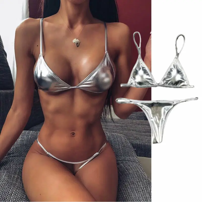 

2020 Sexy Women String Micro Bikinis Brazil Thong Swimsuit Silver Strap Two Piece Swimwears Female Swimsuit Set Push Up Biquini