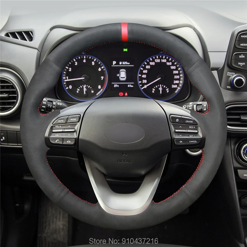 

Настраиваемый для Hyundai Kona 2017 2018 2019 черный замшевый кожаный красный маркер чехол рулевого колеса Ручное шитье