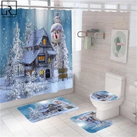 happy snowman christmas bathroom curtain polyester shower curtain 134 pcs set bath mat toilet cover carpet festival decoration