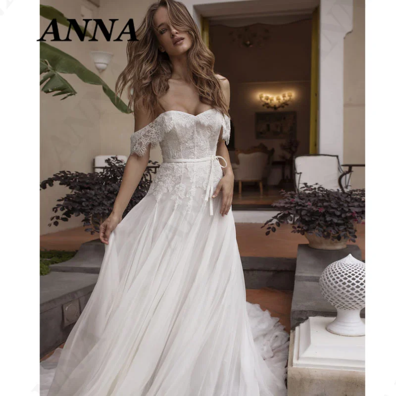

Anna Beauty Wedding Dress 2021 Simple Off Shoulder A-Line Beach Party Gown Elegant Backless Vestido De Noiva Civil Women Skirt