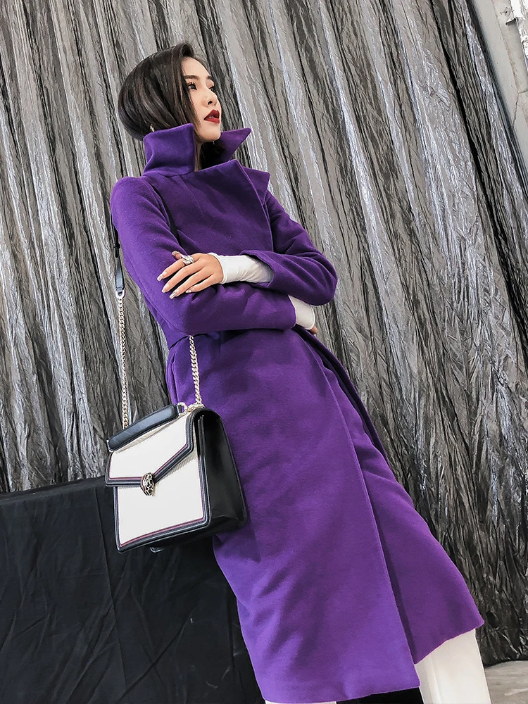 

New Style Purple Woolen Coat Women's Fall/winter Mid-length Slim Fit Woolen Coat with Waistband Korean Women Clothing