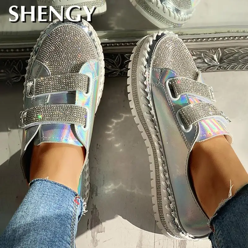 

SHENGY New Women Shoes Spring Casual Daily Magic Tape Sneakers Thick Botton Rhinestones Female Flat Shoes Casual Ladies Shoes