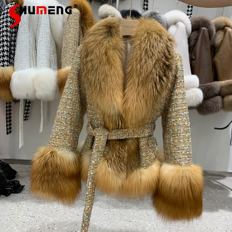 

2021 New Red Fox Fur Collar Warm Fur Coat Woth Belt Women's Gold Winter New Long Sleeve Sashes Furry Faux Fur Jacket for Women
