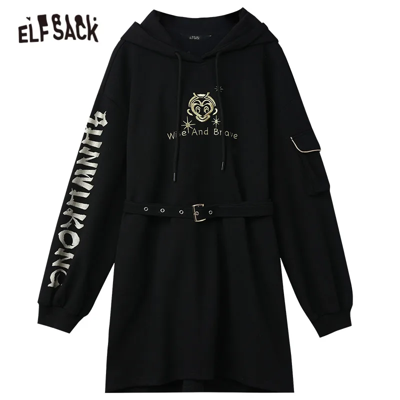 

ELFSACK Monkey King Embroidery Casual Korean Sweatshirt Dress Women,2021 Spring ELF Vintage Full Sleeve Female Daily Dresses