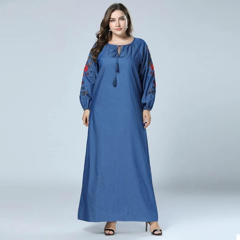 Плюс Размеры осень вышивка Абая для мусульман Джинсовое платье одежда из Дубая с