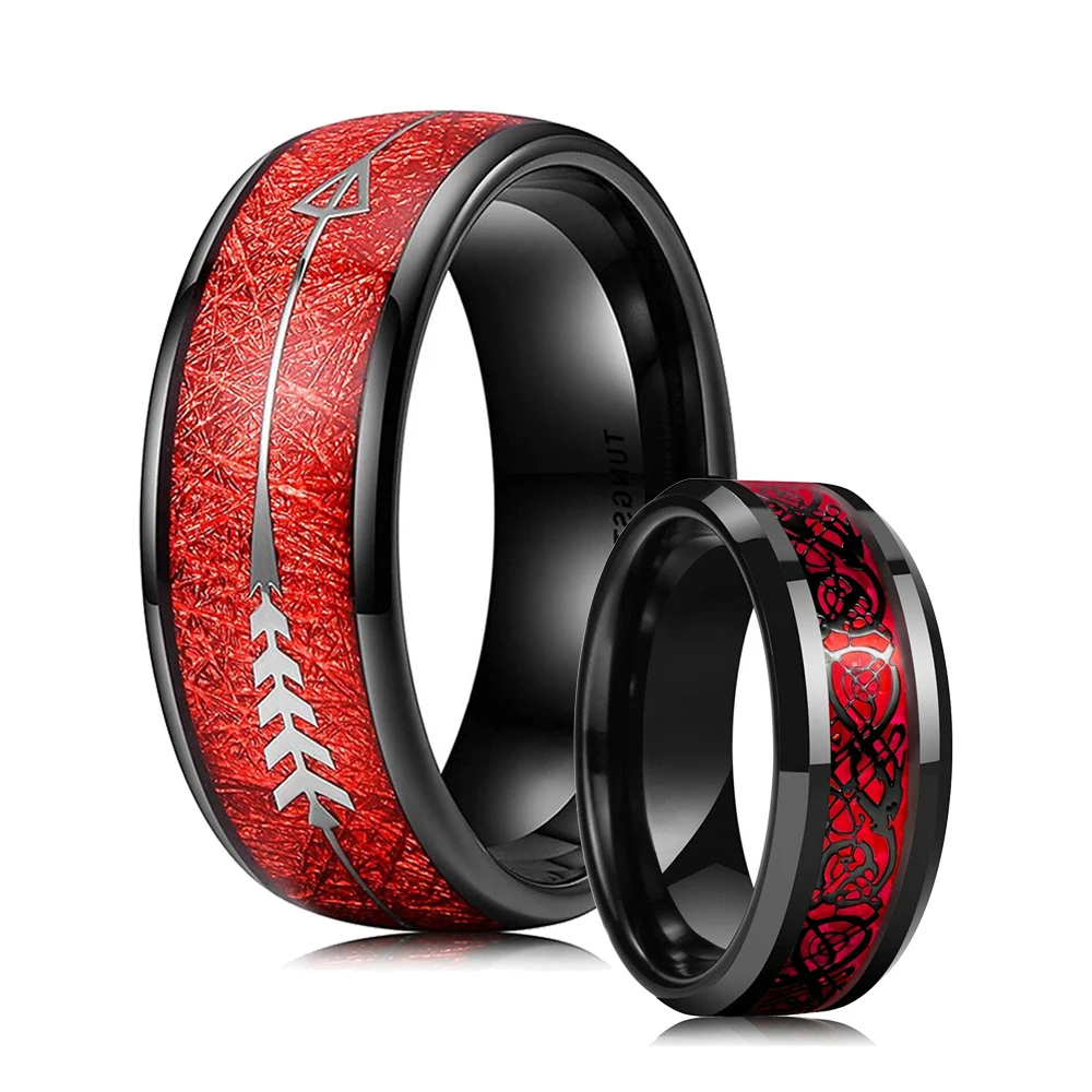 

Fashion 8mm Red Tungsten Wedding Band Black Carbide Arrow Ring For Men Women Retro Celtic Dragon Inlay Red Carbon Fiber Ring