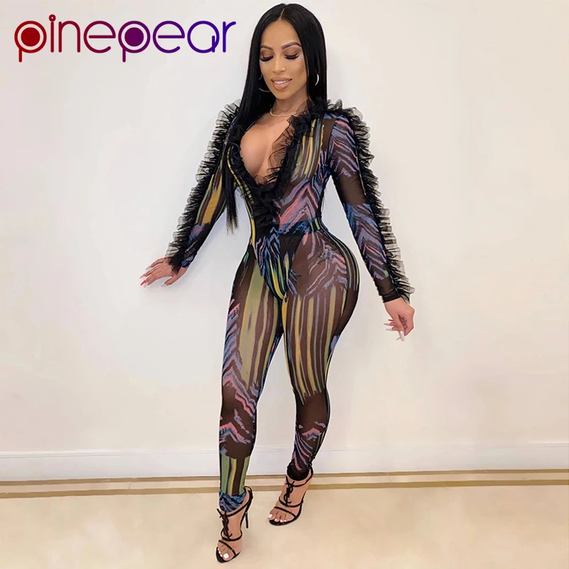 PinePear модный с оборками яркий принт сетчатый комбинезон женский прозрачный