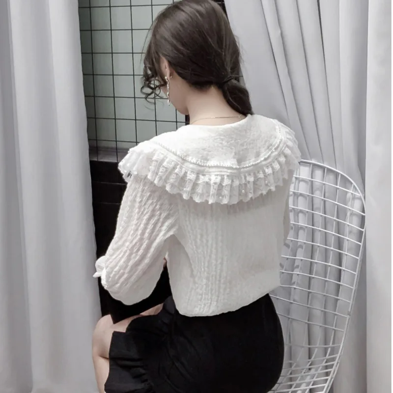 #2020 белая желтая кружевная офисная рубашка с воротником Питер Пэн женские