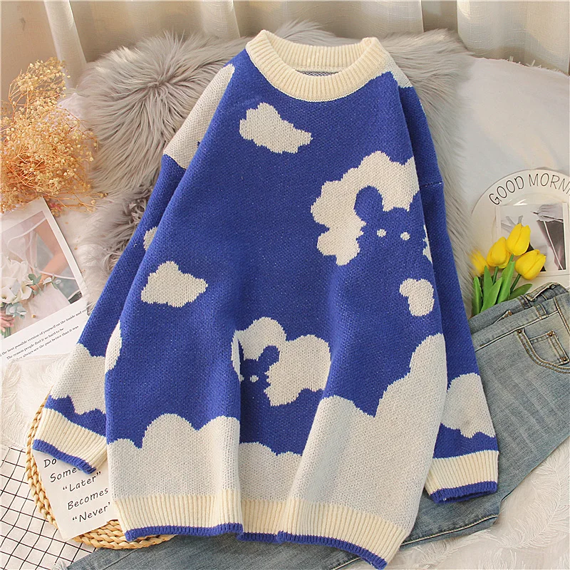 

EBAIHUI Gentle Autumn and Winter New Sweaters Korean Blue O Neck Loose Pullover Sweater Lazy Outer Wear Thick Women's Top L6004