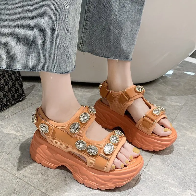 

Сандалии женские на платформе, босоножки на танкетке со стразами, открытый носок, толстая подошва, лето