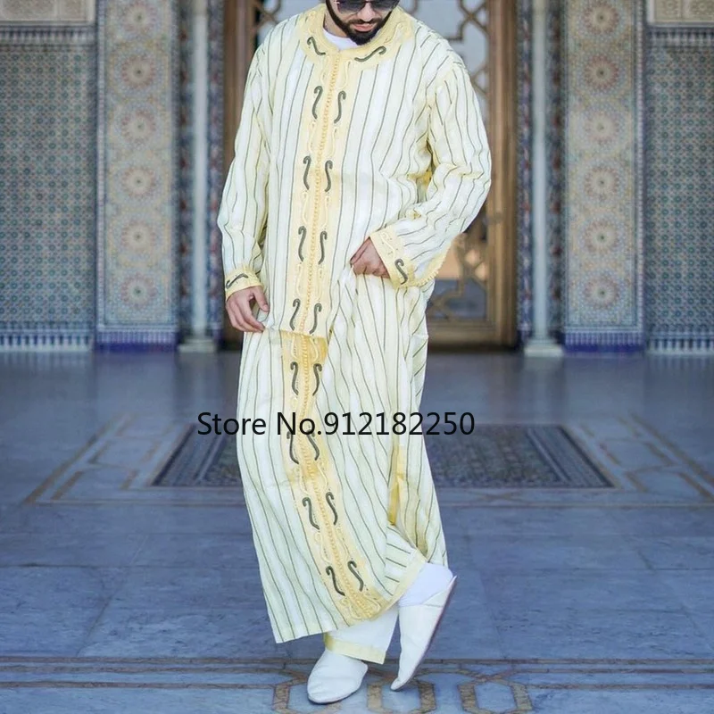 2021 Spring New Fashion National Shirt Casual Straight Long Striped T-shirt Loose Pullover Robe African Men's Long-sleeve Shirt