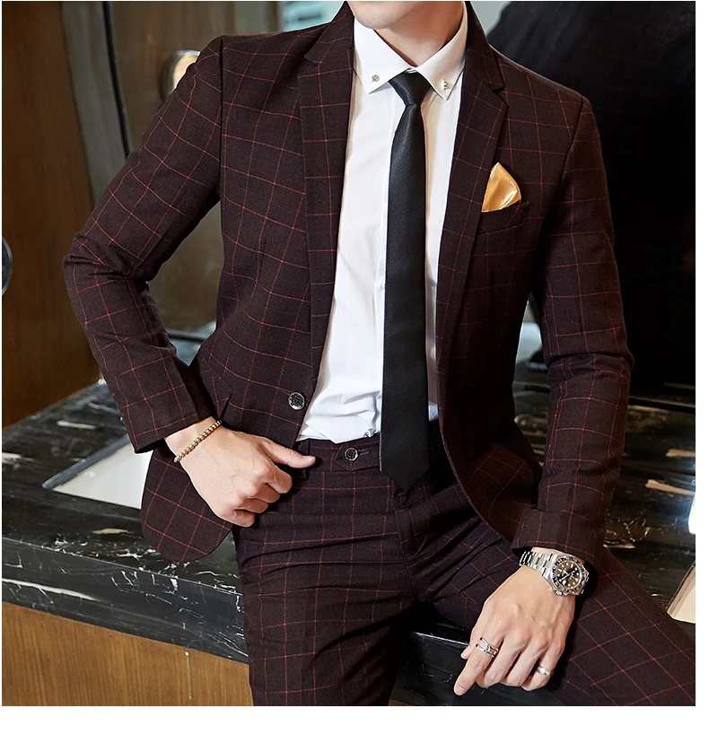 Latest Coat Pant Designs Classic Burgundy Plaid Suit Men  Wedding Suits For Men Formal Tuxedos Party Business Men Suit 2 Pcs