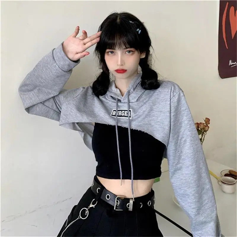 Women's Letter Tops Spliced Navel Hoodie Sweatshirt Long Sleeve Hoodie Thin Section Short Hooded Top 2021 Sudaderas Con Capucha