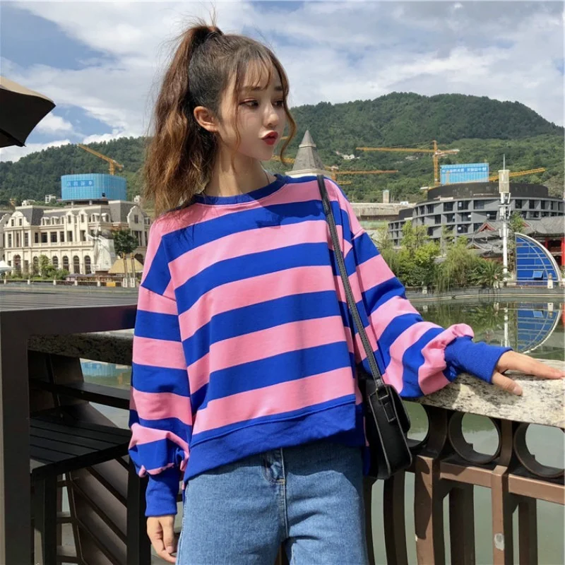 

Hoodies Women Striped Fashion Chic Simple Daily Leisure Long-sleeve Kawaii Sweet Students Girls Autumn Hipster Feminine BF Style