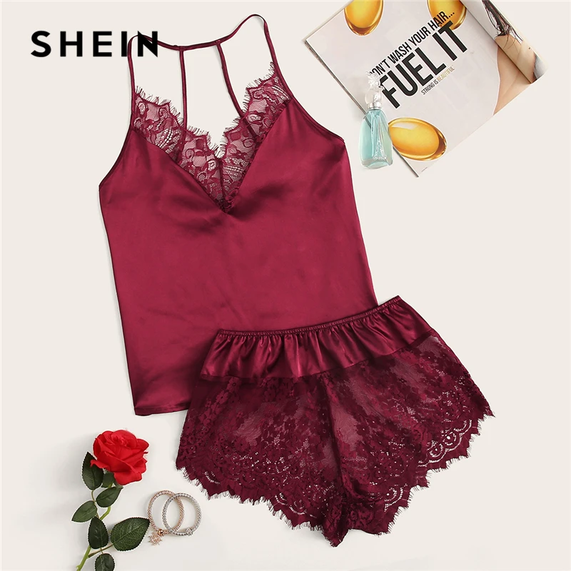 SHEIN Атласный Топ На Бретелях С Кружевом И Шорты Пижама Комплект Женский Розовый Летний Сексуальный Комплект Пижамы