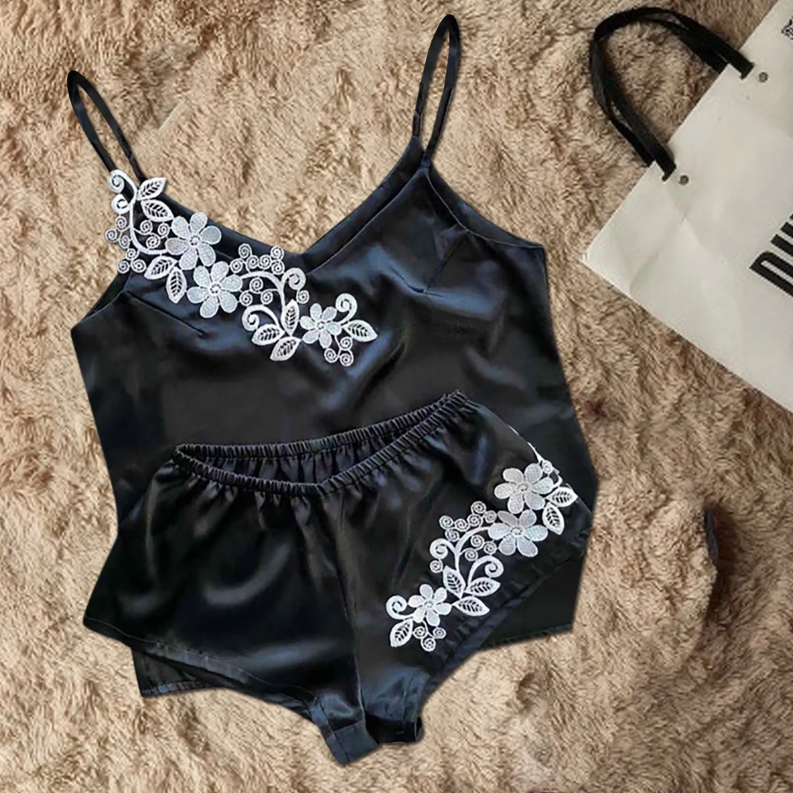 

Sexy Silk Pajamas Set Women V-Neck Sleepwear Sleeveless Cute Camisole Top and Short Home Suit Casual Embroidery Flowers Pyjamas