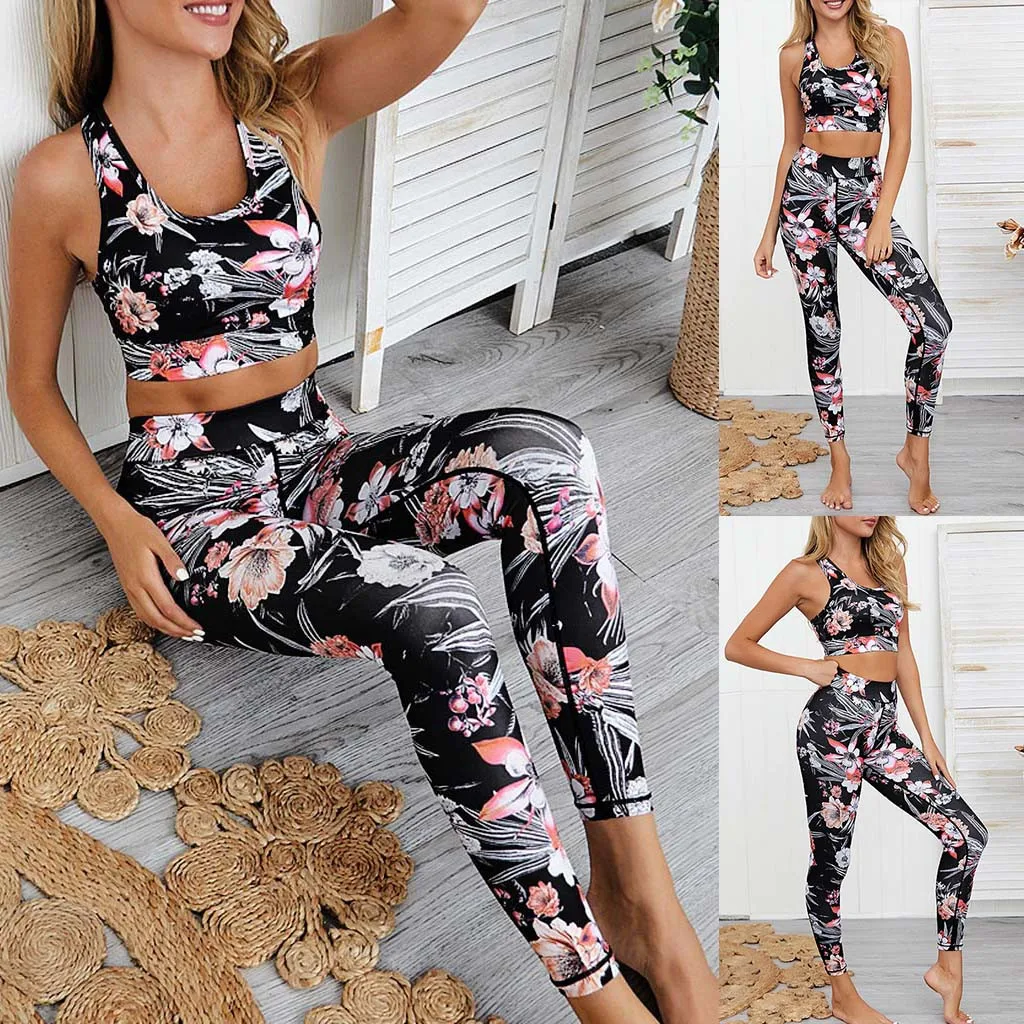 Комплект с цветочным принтом женский бюстгальтер + длинные брюки спортивный