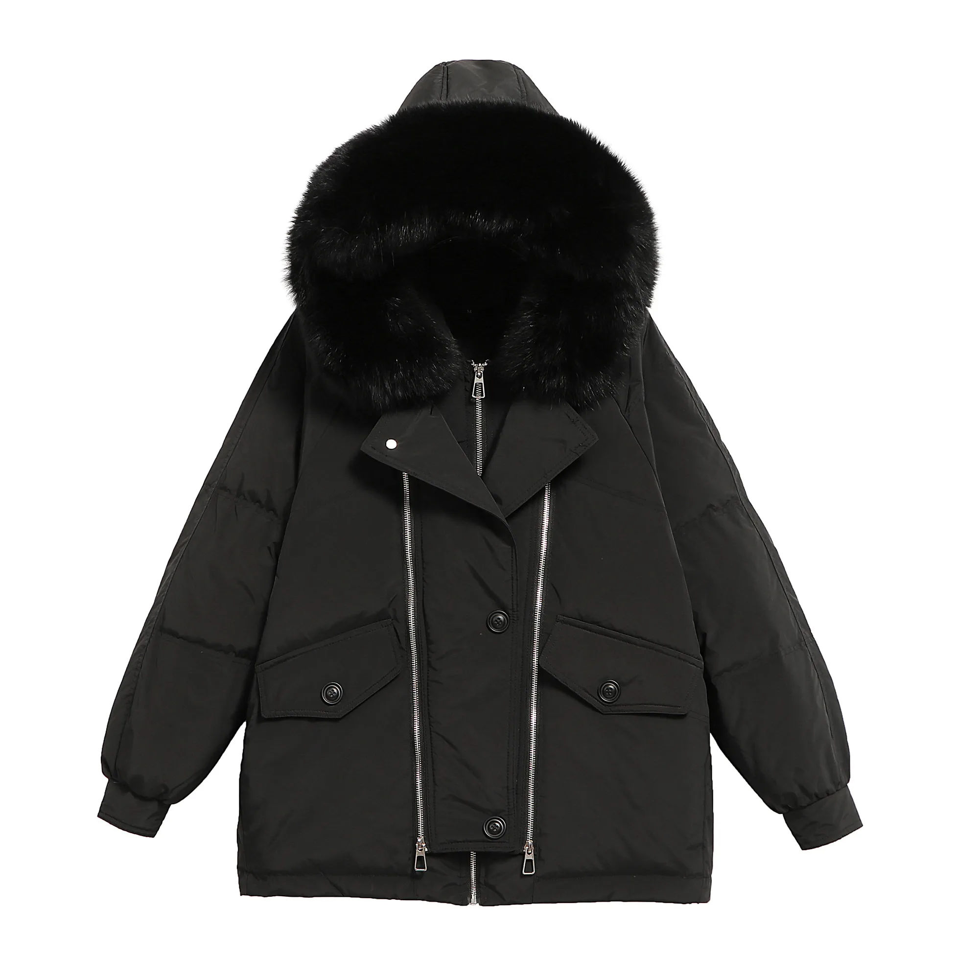 Женский пуховик с капюшоном черный на 2021 белом утином пуху большим воротником из