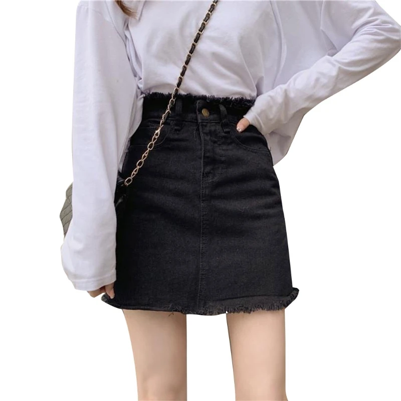 

Women Vintage High Waisted A-Line Mini Jeans Denim Skirt Frayed Tassels Raw Trim Solid Color Harajuku Slim Streetwear