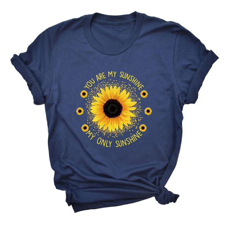 

O Neck T-shirt Sunshine Print T-Shirt Ladies Tops New Short Sleeve Summer Tees Casual Gray Black Cotton Top Women's T-shirts