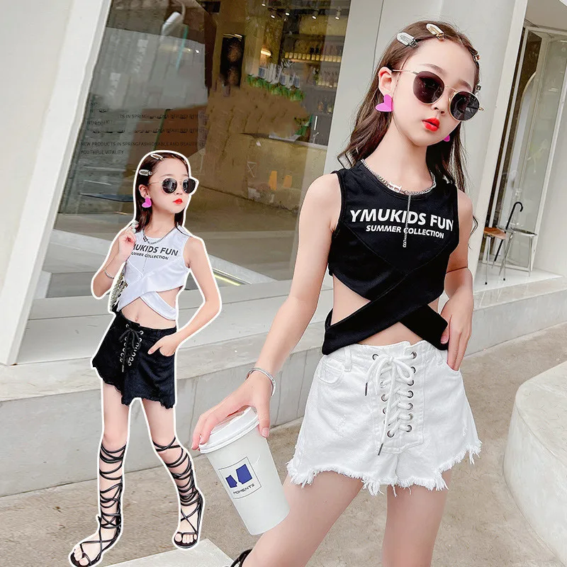 

Summer Girls Clothes Set Letter Print Sleeveless Tops+Shorts Casual Suits Kids Clothing Tracksuit Teen Outfit 6 8 9 10 12 Years