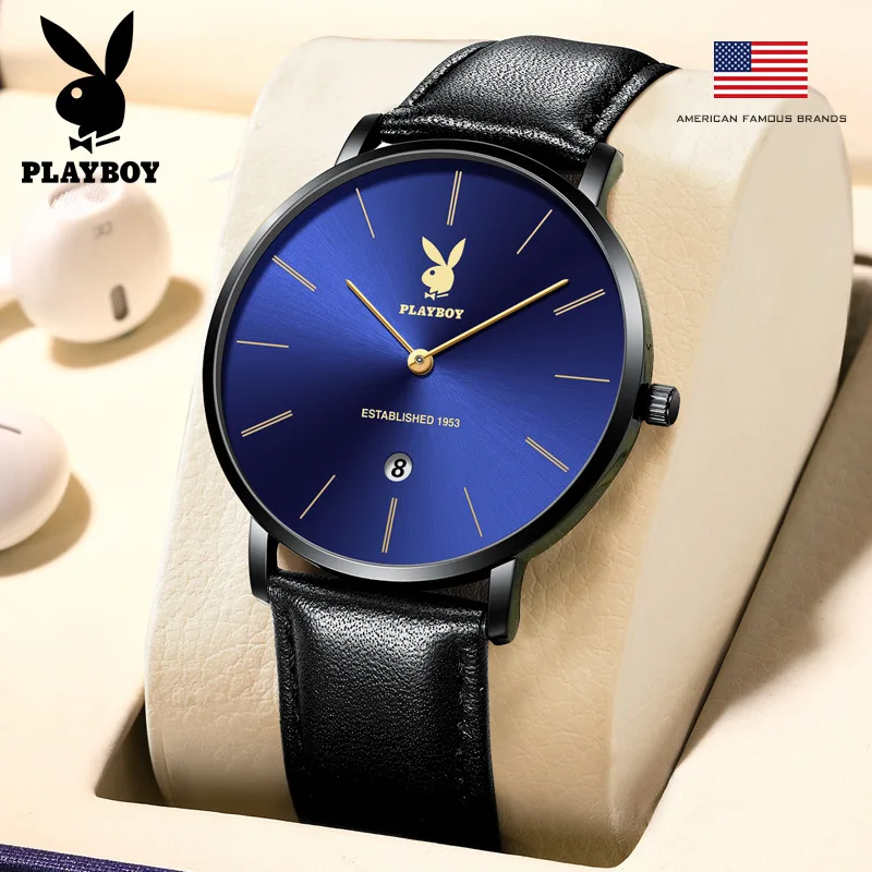 

Playboy new men's simple watch ultra thin waterproof quartz watch top luxury 18K gold leather watch leisure fashion hiphop Watch