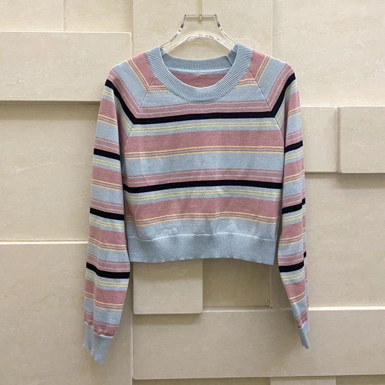 

Thin Knit Sweater Color Stripes Short Slim Long Sleeve Base Sweater 2022 Spring Brand New Women Clothing Korean Vestido
