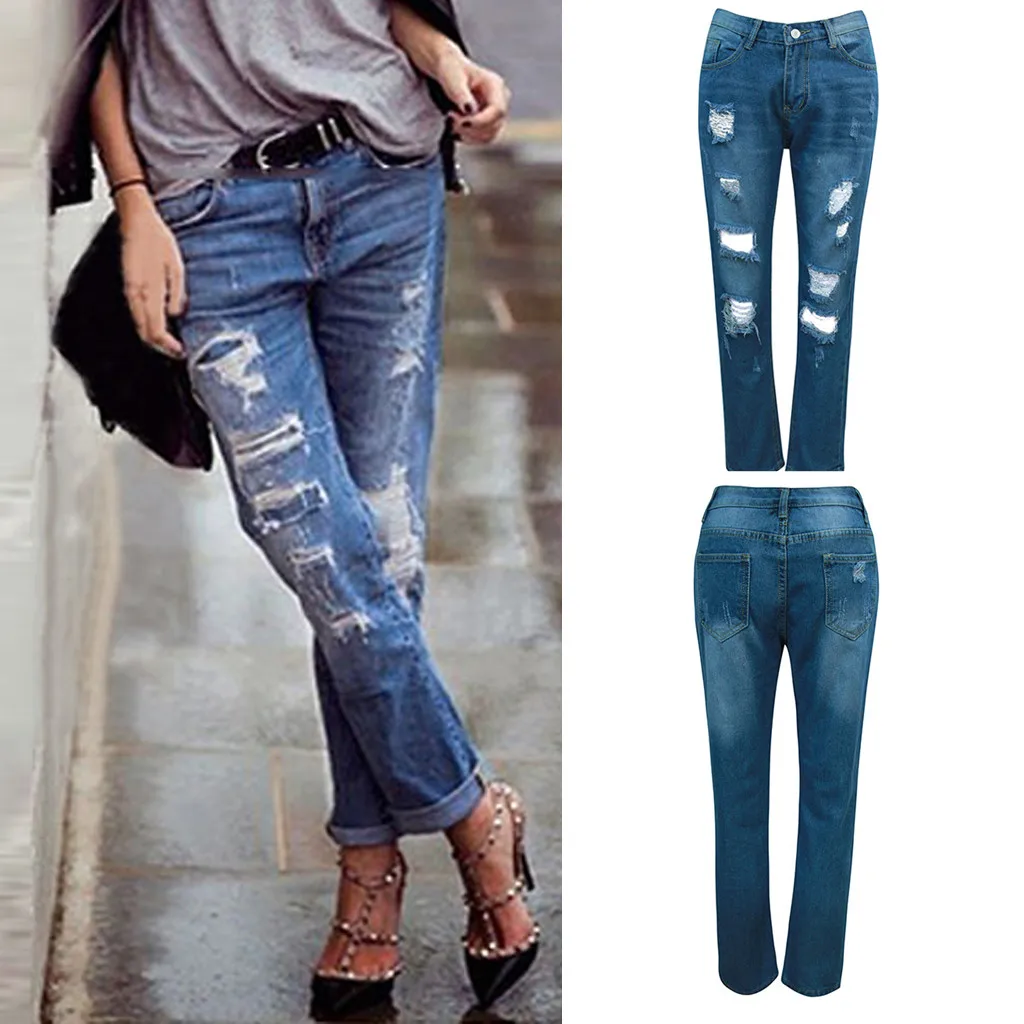 Женские прямые рваные джинсы SAGACE свободные однотонные с высокой талией